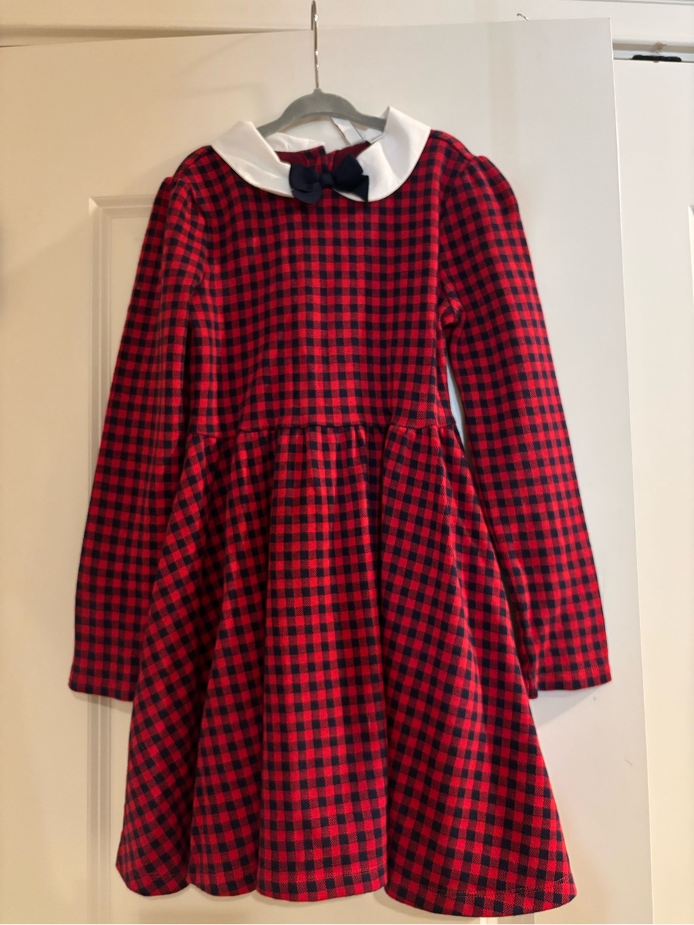 Girls Red and Black Check Long Sleeve Dress with White Collar